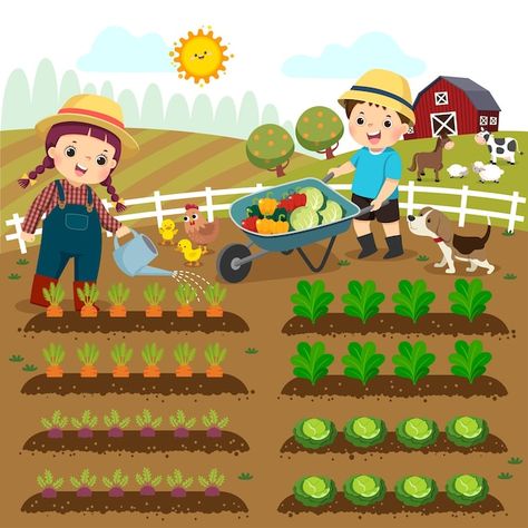 Picture Story For Kids, Farm Cartoon, Vegetable Drawing, Pola Kotak, Farm Pictures, Picture Composition, Vegetable Farming, Farm Kids, Picture Story