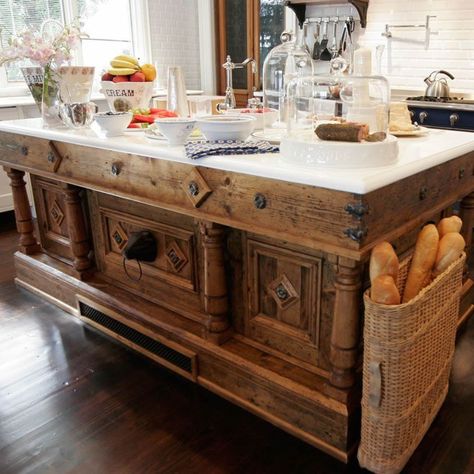 Unique Kitchen Islands Antique, Rustic French Country Kitchen Island, Island That Looks Like A Table, Islands That Look Like Furniture, Dresser As Island Kitchens, Antique Table Island Kitchen, Vintage Kitchen Island With Seating, Salvaged Kitchen Island, Furniture Style Island