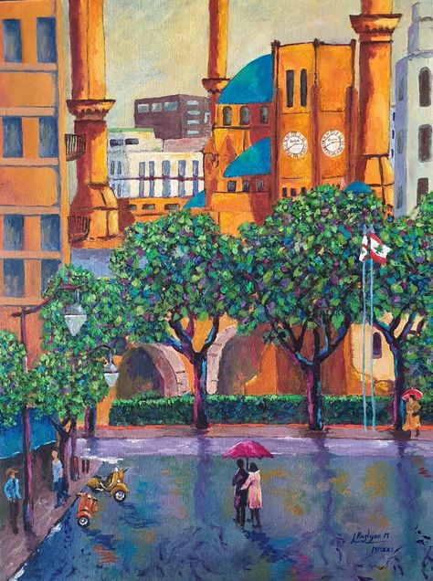 Beirut+Downtown,+Rainy+Day Sketch On Canvas, Rainy Day Painting, Cute Home Screen Wallpaper, Day Painting, City Painting, Garden Painting, Cityscape Painting, Buy Original Art, Types Of Painting