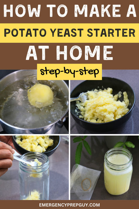 A jar of bubbling potato yeast starter sits on a wooden countertop, with a spoon and a peeled potato nearby, illustrating a DIY yeast recipe for homemade bread baking. Potato Yeast Starter, How To Make Yeast At Home, Diy Yeast, Potato Yeast, Baking Homemade Bread, Wild Yeast Starter, Borax Uses, Yeast Starter, Homemade Baked Bread