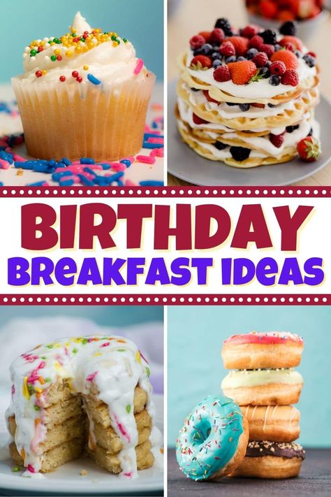 Birthday Breakfast Recipes, Sweet 16 Breakfast Ideas, Breakfast Birthday Cake Ideas, Breakfast Birthday Cake, Morning Birthday Party Food, Breakfast Birthday Ideas, Birthday Cinnamon Rolls, Pancake Birthday Cake, Breakfast Sundae