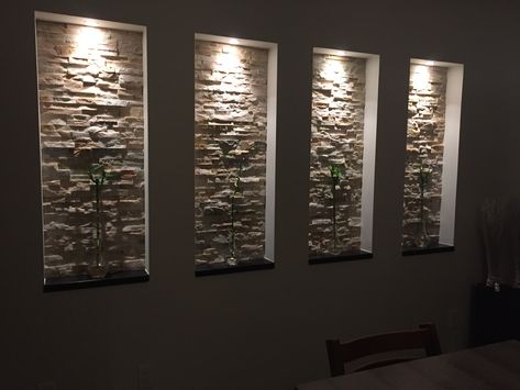 Stacked stone and lit wall niches Accent Niche Wall, Wall Niche Ideas Living Room, Modern Wall Niche, Wall Niche Ideas, Wall Niches, Niche Modern, Niche Wall, Stone Walls Interior, Wall Niche