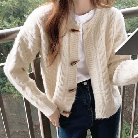 New With Tags Cream Cable Knit Cardigan With Horn Button Closure. Never Worn, In Perfect Condition. Just A Bit Big For Me! Size S/M. Bought For $100 Vintage Cardigan Sweater, Cable Knit Sweater Womens, Vintage Cardigan, Color Vintage, Cable Knit Cardigan, Knitted Cardigan, Womens Clothing Stores, Cable Knit Sweater, Spring And Autumn