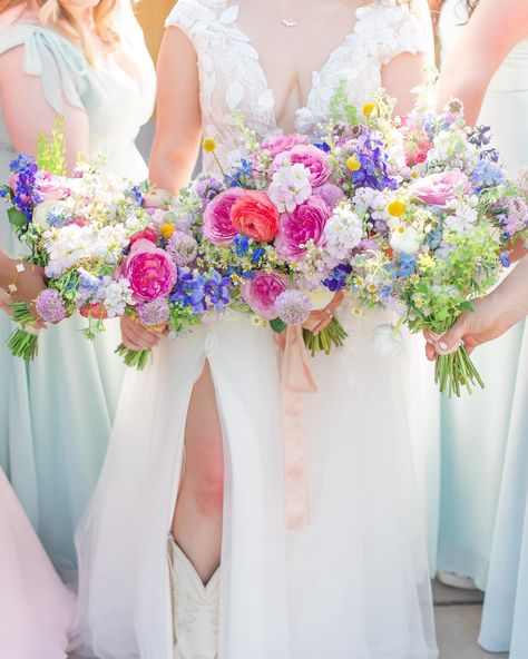 There may have been 60-70 stems in this babe of a bouquet. Some of my most diverse work! The thing I love most about this bridal bouquet was the variety of colors and textures. Deep pink Queen Mayra garden roses, lavender scabiosa, dainty chamomile, light blue and deep purple delphiniums, pennycress, locally grown nigella from my flower friend @redhandlefarm, pops of craspedia, so much pink and lavender gillyflower, white and coral elegance ranunculus. I ser... Bridesmade Bouquet, Lavender Scabiosa, Roses Lavender, Colorful Wedding Bouquet, Purple Wedding Bouquets, Blue Wedding Bouquet, Pink And Lavender, Spring Wedding Flowers, Colorful Wedding