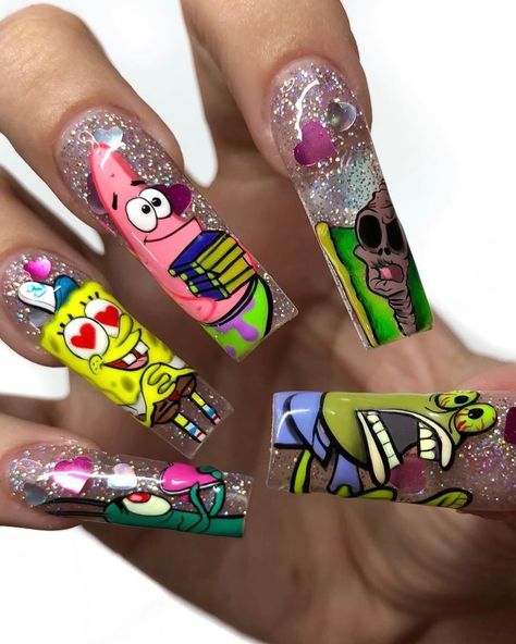 🌈🪼🧽SpongeBob Nails I’ve Painted➡️⁣ Which set is YOUR favorite 1-9 if you HAD to choose! I love painting different episodes😂💖 It’s one of my favorite things to paint! Used all my brand @nailzbydevshop gel polishes and nail art brushes to paint these nails✨💦💞⁣ ⁣ 🙏🏼 Please tag @spongebob can we get his attention?! 🤣Which episode did I miss that I should paint in the future?!🤔🤔 Drop me some ideas!!🤪⁣ ⁣ 🪼 #nailideas #nailinspo #spongebobnails #spongebob #nailart #summernails #gelnails #gelnailart ... Spongebob Nails, Get His Attention, Things To Paint, Glitter Pigment, Glamorous Nails, Perfect Squares, Nail Plate, Nail Art Brushes, I Remember When