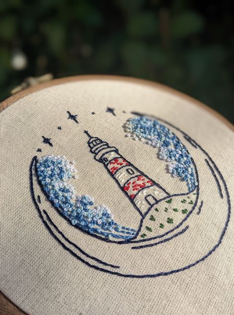 Lighthouse moon stars hand embroidery pattern PDF guide - DIGITAL FILE ONLY no physical item will be shipped. Beginner friendly quick and easy pattern. Designed for a 5" or 4" hoop (more or less white space) but can be resized for almost any hoop size. Includes both the colour codes for the threads I used and colour descriptions and suggestions so you can just use what you have or buy a multipack. ☾ This digital download consists of two PDF docum Summer Embroidery Patterns, Beach Embroidery Patterns, Coastal Embroidery, Colour Descriptions, Beginner Embroidery Patterns, Embroidery Designs Simple, Waves Embroidery, One Piece Embroidery, Ocean Embroidery