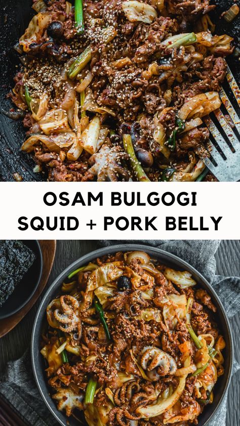 It's time to make a very special Korean dish: Spicy Osam Bulgogi! Also known as Squid and Pork Belly stir fry, it's such a delicious and decadent way to enjoy BIG Korean flavors. Tender squid and indulgent pork belly combine to make a smoky, spicy, addictively delicious meal! Fast enough for weeknight dinner. Special enough for the holidays. Korean Squid Recipe, Osam Bulgogi, Pork Belly Stir Fry, Asian Dinners, Pork Belly Recipes, Fusion Dishes, Spicy Korean, Korean Dishes, Dinner Inspiration