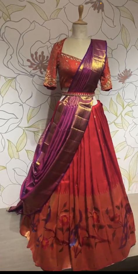 Jhanvi Kapoor Half Saree, New Trending Half Sarees, Pattu Voni Half Saree, Orange Langa Voni, Lehanga Designs Latest For Wedding South Indian, Pattu Lehenga Half Saree Latest, Traditional Half Saree Designs Pattu, Paithani Langa Voni, Lehanga Blouses Designs Traditional