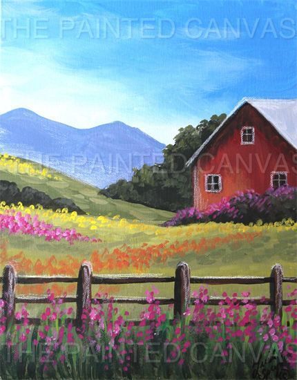 Barn and fields painting Paint On Canvas For Beginners, Canvas Lms, Skeleton Painting, Comic Illustrations, Beginners Painting, Farm Paintings, Wine And Canvas, Fall Canvas, Barn Painting