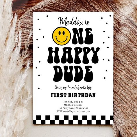 Birthday Smiley Face, Smiley Birthday, Smiley Party, Smile Birthday, Birthday Smiley, 1st Birthday Invitations Boy, Birthday Teen, One Happy Dude, Happy Smiley Face