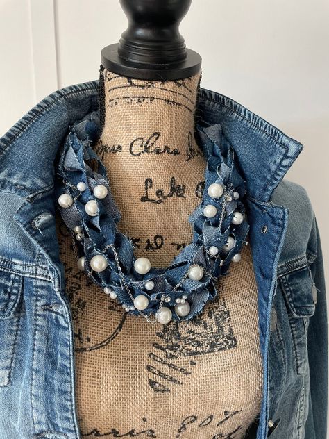 Excited to share this item from my #etsy shop: Braided Scarf Necklace, Elegant Necklace ,Gift for her Christmas,Handmade in USA, Denim Fabric Necklace,Eco Friendly Necklace. Elegant Jeans, Denim Scarf, Jean Jewelry, Denim Necklace, Eco Friendly Necklace, Necklace Fabric, Diy Choker, Braided Scarf, Denim Crafts Diy