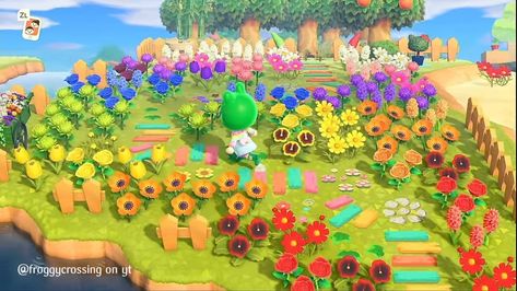 Acnh Rainbow Flower Garden Layout, Acnh Rainbow Flower Garden, Acnh Rainbow, Rainbow Flower Garden, Kidcore Island, Animal Crossing Cafe, Acnh Kidcore, Flower Garden Layouts, Rainbow Garden