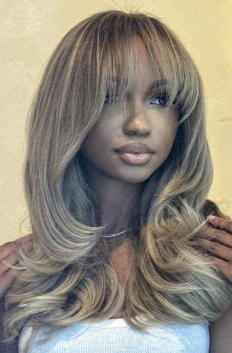 Black Women Hairstyles Blonde, Chocolate Brown Hair With Blonde Bangs, Winter Weave Hairstyles Black Women, Long Blonde Bob Black Women, Cute Low Maintenance Hairstyles, Ash Brown Wig Black Women, Balayage Hair Blonde With Bangs, Dusty Blonde Hair On Black Women, Ash Blonde Balayage Black Women