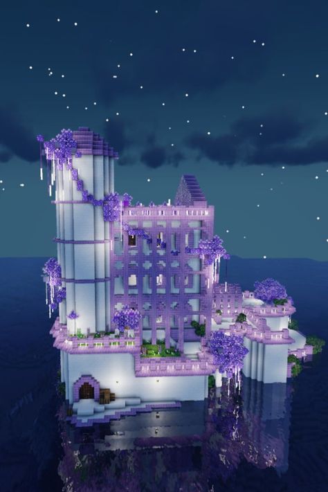 A mansion I build in Minecraft (side). #minecraft #purple #violet #magical #fantasy #build #minecraftbuilds #minecrafters #minecraftbuilder #shaders #shadersminecraft #aesthetic #purpur #crimson #quartz #big #house #mansion #island #room #livingroom #diningroom #washroom #corridor #office #homeoffice #bedroom #dressingroom #walkincloset #bathroom #eventarea #meetingroom #restarea #pantryroom #pantry #kitchen #storageroom #balcony #patio #dock #CIT #customitemtexture #mizunocraft #ghoulcraft Black And Purple Minecraft Builds, Purple Minecraft Builds, Minecraft Purple House, Minecraft Amethyst Builds, Minecraft Beautiful House, Minecraft Purple, Minecraft Build House, Build In Minecraft, Corridor Office