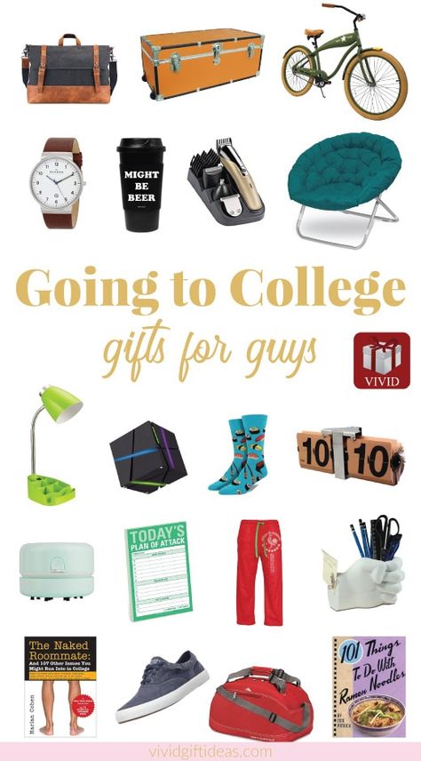 Going to college gift ideas for guys. Includes college school supplies, dorm ideas, and more. Off To College Gift Ideas, Room Decor Ideas For Boys, College Guy Gifts, Gifts For College Boys, College Gift Ideas, Guy Dorm, Guy Dorm Rooms, Gift Ideas For Guys, Dorm Gifts