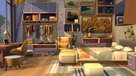 A Dream Home Decorator themed yellow and blue bedroom. No cc. (More info in the comments) : r/thesims Yellow And Blue Bedroom, Sims 4 Challenges, Sims 4 House Building, Sims House Design, Yellow Bedroom, Beautiful House Plans, Sims 4 Build, Contemporary House Design, Sims 4 Houses