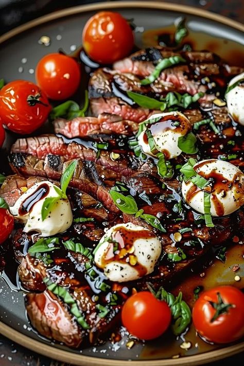 Steak Caprese, Anniversary Dinner Ideas, Grilled Flank Steak, Anniversary Dinner, Balsamic Dressing, Flank Steak, Garlic Powder, Olive Oil, Steak