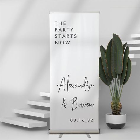 $136.17 | Black & White | The Party Starts Now Wedding #welcome to our wedding, modern, elegant, wedding reception, wedding welcome sign, chic, the party starts now, handwritten script lettering, simple typography based, black and white Wedding Modern Elegant, Modern Elegant Wedding, Simple Typography, Elegant Wedding Reception, Retractable Banner, Script Typography, 17 Black, Personalized Banners, Wedding Banner