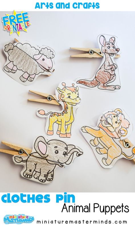 DIY Craft Clothes Pin Animal Puppets Cloth Pin Crafts, Clothes Pin Puppets, Clothespin Puppets Free Printable, Clothespin Animals, Printable Puppets, Clothespin Puppets, Bbq Crafts, Animal Muppet, Animal Puppets