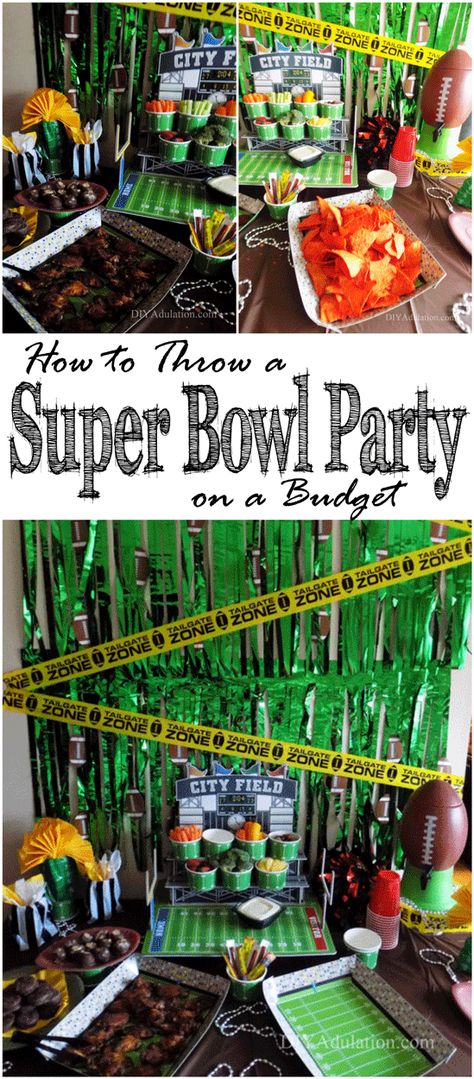 Save money and celebrate the big game with these easy tips to throw a Super Bowl party on a budget. Spoiler: it starts with shopping at the right place and getting creative! #ad Simple Super Bowl Decorations, Dollar Store Super Bowl Party, Super Bowl Watch Party, Commercial Bingo Superbowl, Superbowl Commercial Bingo, Party Food On A Budget, Backyard Party Food, Superbowl Party Decorations, Super Bowl Decorations