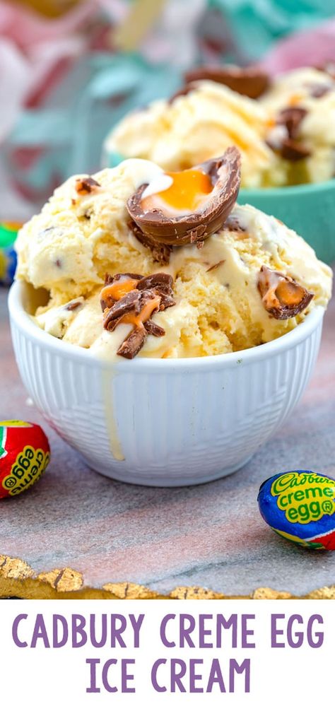 Ostara Desserts, Simple Vanilla Ice Cream, No Egg Ice Cream Recipe, Egg Ice Cream, Easter Ice Cream, Creme Eggs, No Egg Desserts, Cadbury Creme Egg, Homemade Custard