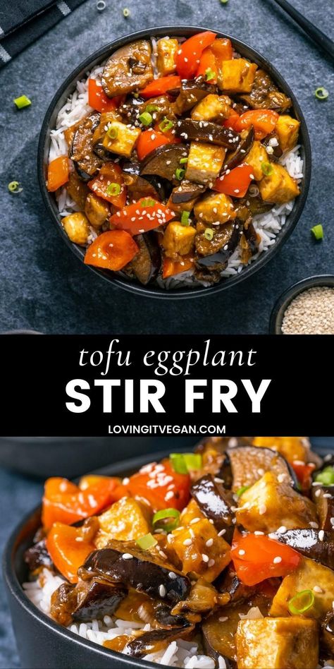 This eggplant tofu stir fry is spicy, sweet, salty, savory, veggie packed and loaded with flavor! You’ll definitely come back for seconds. Eggplant With Tofu Recipe, Tofu Eggplant Stir Fry, Asian Eggplant Recipes Stir Fry, Eggplant Tofu Recipe, Eggplant Tofu, Eggplant Stir Fry, Tofu Recipes Healthy, Spicy Eggplant, Monday Recipes