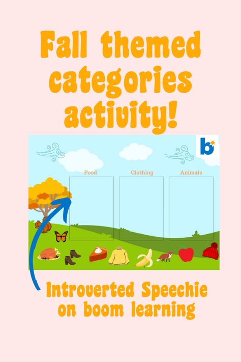 Fall categories activity. Sort the items based on the given categories (sizes, colors, temperatures, locations, etc.) Great for sorting and categorizing skills. This activity is on boom learning! Great for virtual therapy or projecting on smart boards in the classroom to get the whole group engaged. Smart Boards, Slp Resources, Receptive Language, Expressive Language, Theme Activity, Speech Language Pathology, Smart Board, Teacher Tools, Boom Cards