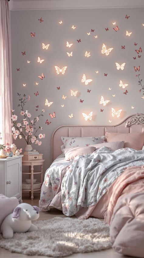 Boho Bedroom Ideas for Kids Butterfly Wall Art Bedroom, Boho Butterfly Bedroom, Butterfly Bedroom Aesthetic, Girl Butterfly Room, Girls Butterfly Bedroom, Butterfly Room Decor Aesthetic, Butterfly Bedroom Ideas Kids, Kids Boho Room, Butterfly Girls Room