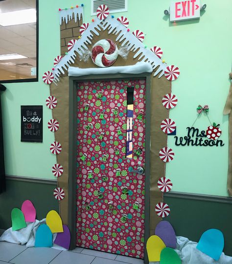 Peppermint Classroom Door, Hot Chocolate Door Decoration, Christmas Hallways, Cardboard Gingerbread House, Christmas Hallway, Gingerbread Decor, Teacher Door, Classroom Doors, Teacher Doors