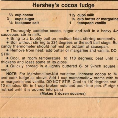 Hershey’s Cocoa Fudge - vintage.recipes Hershey Bar Fudge, Hersheys Cocoa Fudge Recipe, Hershey's Cocoa Powder Recipes, Hershey Cocoa Fudge, Hershey's Old Fashioned Fudge Recipe, Fudge With Cocoa Powder, Hershey Cocoa Powder Recipes, Hershey Fudge Recipe, Hersheys Special Dark Cocoa Recipes