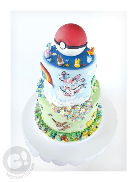 Eeveelution cake made for an Anime convention. Eeveelution Cake, Sylveon Cake, Nerdy Cakes, Pokemon Cakes, Pokémon Ideas, Pokémon Cake, Pokemon Birthday Cake, Pokémon Birthday, Decorative Food