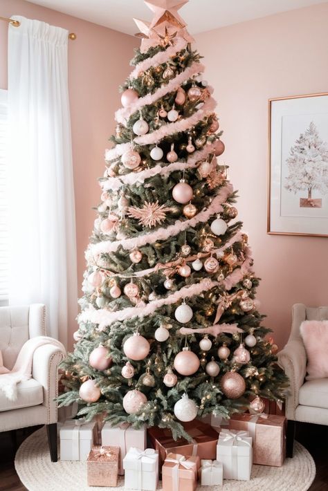 Create the sweetest tree of the season with this delicate color story! Learn how to blend soft blush tones with crisp whites and warm rose gold for a tree that looks straight out of a fairy tale. Includes ornament selection guide and lighting tips. #BlushChristmas #RoseGoldTree #PastelHoliday White Gold And Pink Christmas Tree, Pink Gold And White Christmas Tree, Rose Gold Tree Christmas, 3 Ft Christmas Tree Ideas, Rose Gold And White Christmas Tree, Blush And Gold Christmas Tree, Christmas Tree Pink And Gold, Light Pink Christmas Tree, Blush Pink Christmas Tree