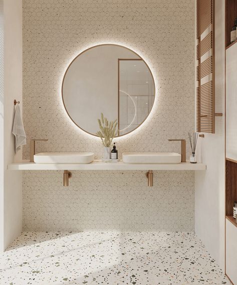 Mediterranean Interior Bathroom, Terazzo Floor Bathroom Ideas, Bathroom Mediterranean Style, Terazzo Bathroom Interior Design, Nordic Bathroom Scandinavian Style, Small Scandinavian Bathroom, Terrazzo Bathroom Floor, Terrazzo Bathroom Design, Modern Mediterranean Bathroom