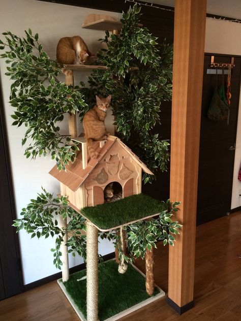 Adorable Cat Tree! I would love to make something like this! Aesthetic Cat Climbing Wall, Cat Tower Plans, Katt Hus, Unique Cat Trees, Katt Diy, Cat Tree Designs, Chat Diy, Kat Diy, Katt Grejer