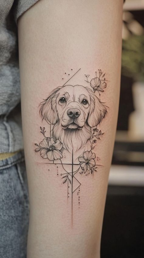 Semi Realistic Dog Tattoo, Dog Tribute Tattoo In Memory Of, Pet Tattoo Designs, Tattoo For A Dog, Fine Line Dog Tattoo With Flowers, Dog And Floral Tattoo, New School Dog Tattoo, Dog Themed Tattoos, Pet Loss Memorial Ideas