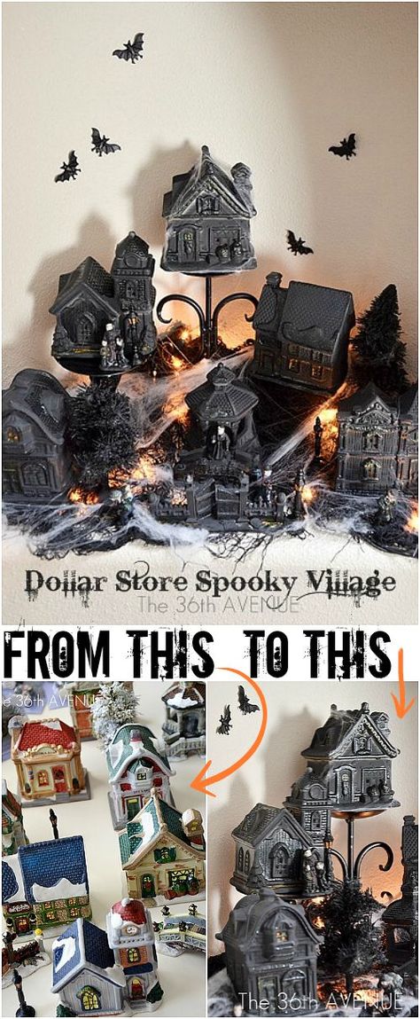 Diy Halloween Village, Cheap Halloween Diy, Diy Halloween Dekoration, Halloween Village Display, Cheap Diy Halloween Decorations, Dollar Store Halloween Decorations, Dollar Tree Halloween, Dollar Store Halloween, Halloween Village