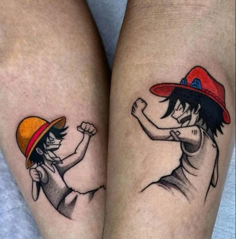 Ace Tattoo One Piece, One Piece Tattoo Ideas, Piece Tattoo Ideas, Calf Sleeve Tattoo, Gotik Tattoo, One Piece Tattoo, Ace Tattoo, Brother Tattoos, Sabo One Piece