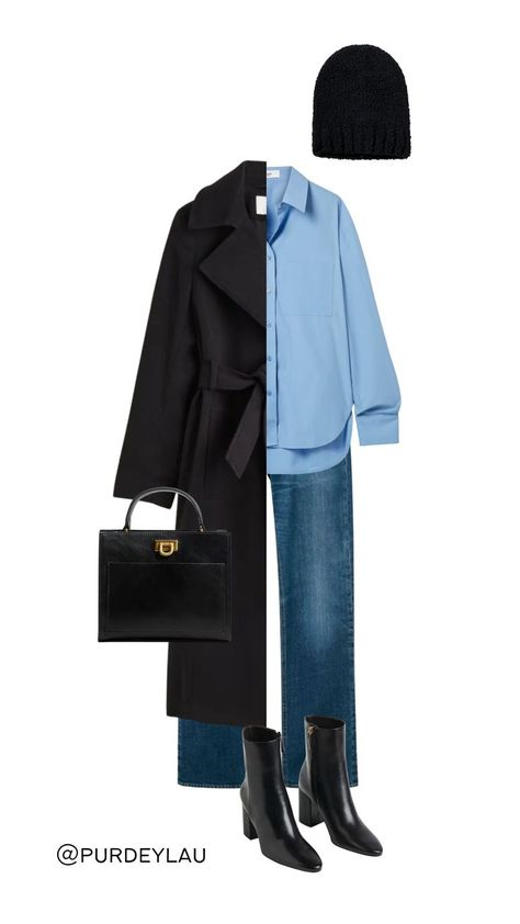 Light Blue Shirt Outfit, High Waisted Straight Jeans, Black Coat Outfit, Outfit Boards, Long Black Coat, Black Beanie, Light Blue Shirts, Matching Colors, Faded Denim