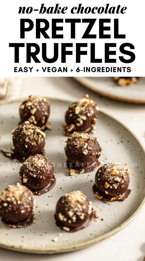 These chocolate pretzel truffles are sweet, salty, rich, decadent and perfect for the holidays. This recipe is vegan, oil-free and can be gluten-free. Pretzel Truffles, Pretzel Chocolate Bites, Kid Breakfast, Running On Real Food, Salty Desserts, Vegan Chocolate Recipes, Vegan Truffles, Easy Truffles, Kid Snacks