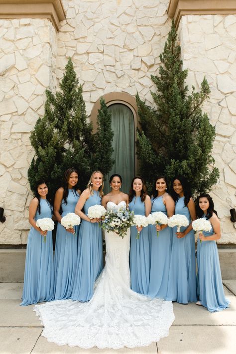 Best Bridesmaid Dresses Royal Blue, Dusty Blue Dresses Bridesmaid, Bride And Blue Bridesmaids, Crystal Blue Bridesmaid Dresses, Blue And White Wedding Venue Ideas, Bridemades Dresses Blue, Light Blue And Gold Bridesmaid Dresses, Pretty Blue Bridesmaid Dresses, Bridesmaid Dresses In Blue