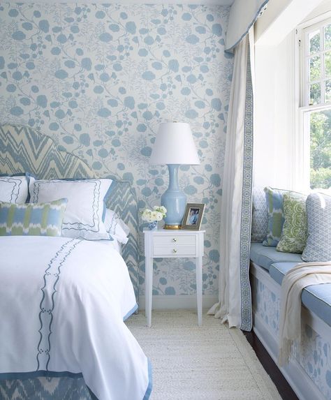 Bedroom Decor With Wallpaper, Blue Master Bedrooms Decor, Blue Wallpaper Bedroom, Decor With Wallpaper, Baby Room Interior Design, King Size Upholstered Headboard, Timeless Bedroom, Blue And White Color Scheme, Restful Bedrooms