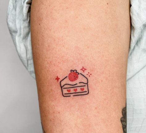 Cute Baking Tattoos, Chocolate Covered Strawberry Tattoo, Small Cake Tattoo, Strawberry Candy Tattoo, Strawberry Jam Tattoo, Strawberry Shortcake Tattoo Small, Heart Cake Tattoo, Strawberry Cake Tattoo, Vintage Cake Tattoo