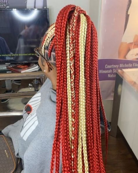 Red And Blonde Knotless Braids, Relax Hair, Colorful Braids, Red Box Braids, Goals 2023, Red Hair With Blonde Highlights, Braiding Hairstyles, Night Hair, Cute Box Braids