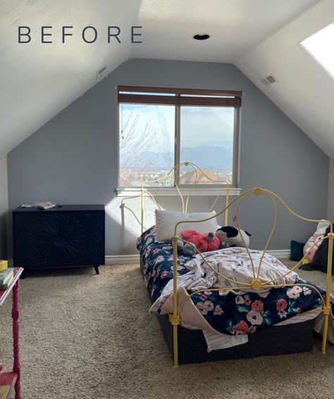 Girls Dormer Teen Bedroom Makeover - Nesting With Grace Painting Room With Slanted Ceiling, Dormer Bedroom Paint Ideas, Painting Sloped Ceilings, Accent Wall Slanted Ceiling, Sloped Ceiling Bedroom Decor, Sloped Ceiling Bedroom Kids, Bedroom With Dormers, Dormer Bedroom Ideas Sloped Ceiling, Slanted Ceiling Decor