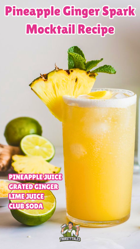 "Discover the refreshing Pineapple Ginger Spark Mocktail recipe, a  delightful non-alcoholic beverage perfect for any occasion! This Ginger  Pineapple Refresher combines the tropical flavors of pineapple with a spicy  kick of ginger, creating a Fizzy Pineapple Drink that’s sure to impress.  Enjoy the vibrant taste of our Ginger Sparkler Mocktail or sip on the  Pineapple Ginger Fizz for a cooling treat. Pineapple Punch Alcohol, Ginger Mojito Recipe, Mocktails Non Alcoholic Pineapple, Gingerale Mocktail Recipes, Tropical Mocktails Non Alcoholic, Pineapple Mocktails, Pineapple Refresher, Ginger Mojito, Ginger Pineapple