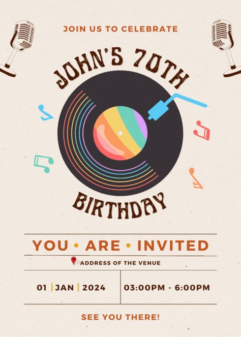 Birthday Invitation Template with retro vibe Music Theme Party Invitations, Music Concert Invitation Card Design, Vinyl Record Invitations, Music Invitation, Music Birthday Invitation, Vinyl Party, Music Theme Birthday, Birthday Invite Template, Birthday Invitation Template