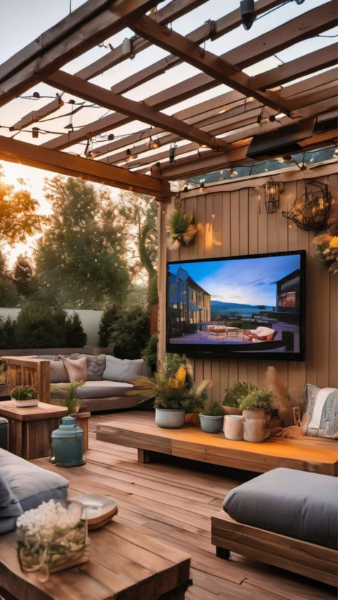 Transform Your Patio: Modern Outdoor TV Design Ideas Backyard Tv Ideas Patio, Outdoor Tv Patio, Outside Entertainment Areas, Outdoor Tv Ideas Patio Design, Entertainment Area Outdoor, Rooftop Courtyard, Patio Design Modern, Patio Extensions, Outdoor Tv Ideas