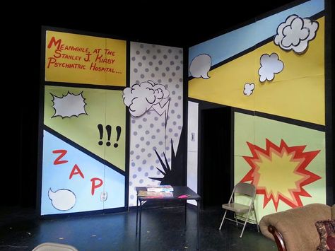 Superhero Stage Design, Comic Book Classroom Decor, Super Hero Vbs, Hero Headquarters, Frankenstein Decor, Superhero Backdrop, Set Theatre, Book Backdrop, Superhero Vbs