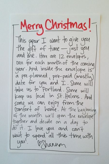 I absolutely adore this idea.  I wish I had known about this the very first year that I was married as I would have used it as a wedding gift (although it would make a fabulous birthday, anniversary or Christmas gift now)!! Letter To Boyfriend, Merry Christmas Letter, Christmas Letter, Fabulous Birthday, Cadeau Diy, Gift Of Time, Noel Christmas, Love And Marriage, Diy Christmas Gifts