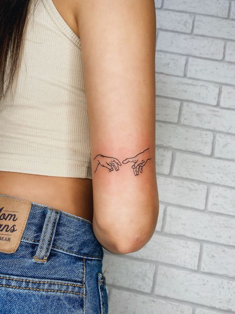 Addams creation hands tattoo Christian Sticker Sleeve Tattoo, 2023 Tatoos, Back Of Elbow Tattoo, 5sos Tattoo, Minimalist Christian Tattoo, Fingerprint Tattoos, Stunning Tattoos, Cute Simple Tattoos, French Tattoo